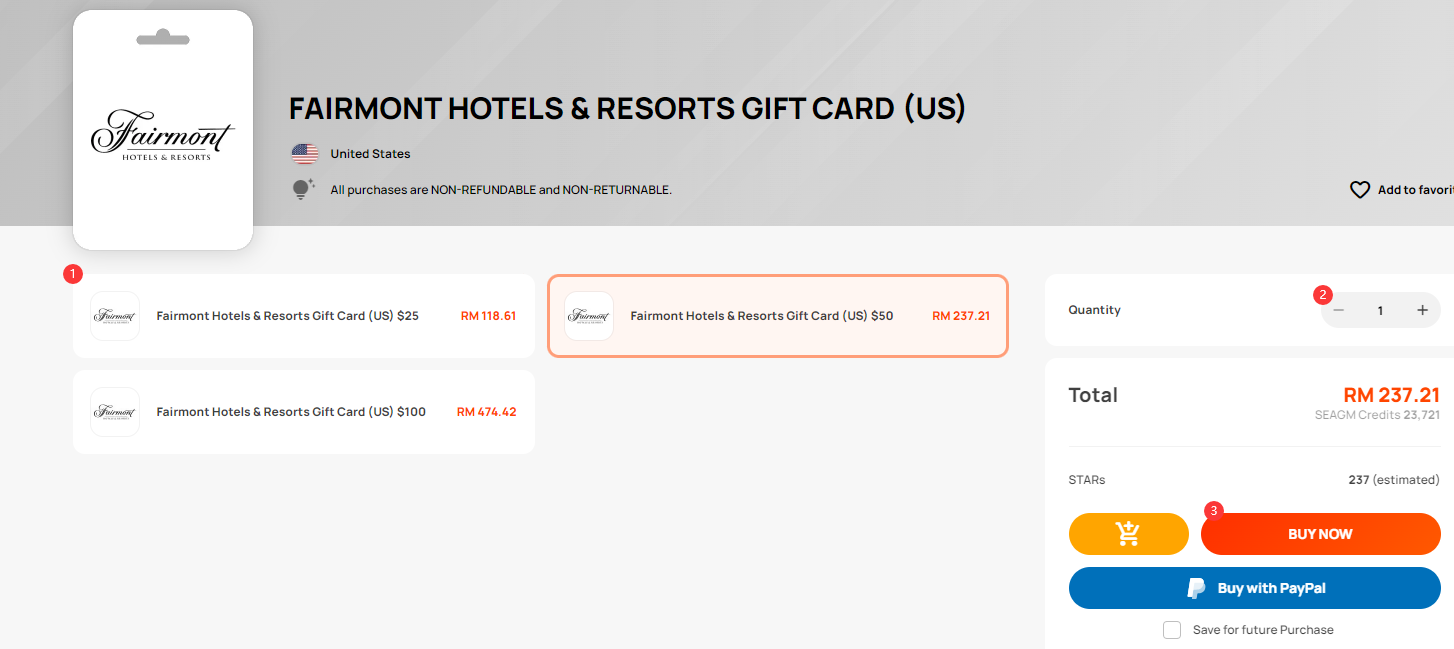 How to purchase the Fairmont Hotels & Resorts Gift Card [US] from SEAGM